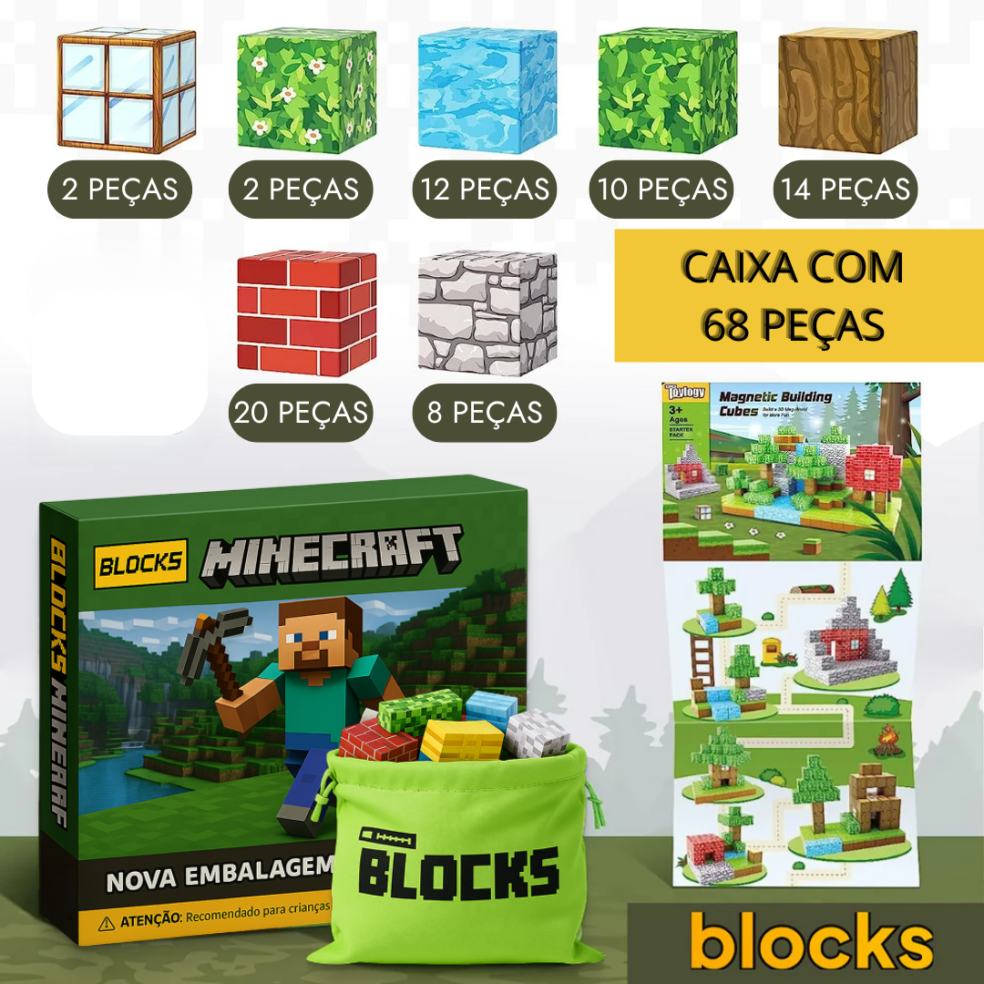 Blocos de Construção Magnética Minecraft - 48 / 68 / 88 Blocos + (5 Bonecos Grátis)