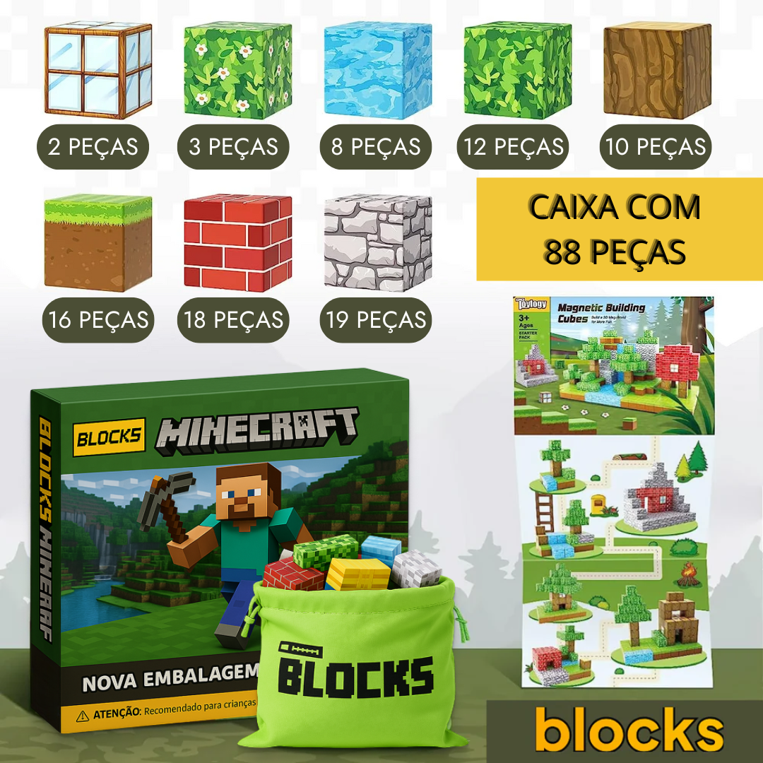Blocos de Construção Magnética Minecraft - 48 / 68 / 88 Blocos + (5 Bonecos Grátis)