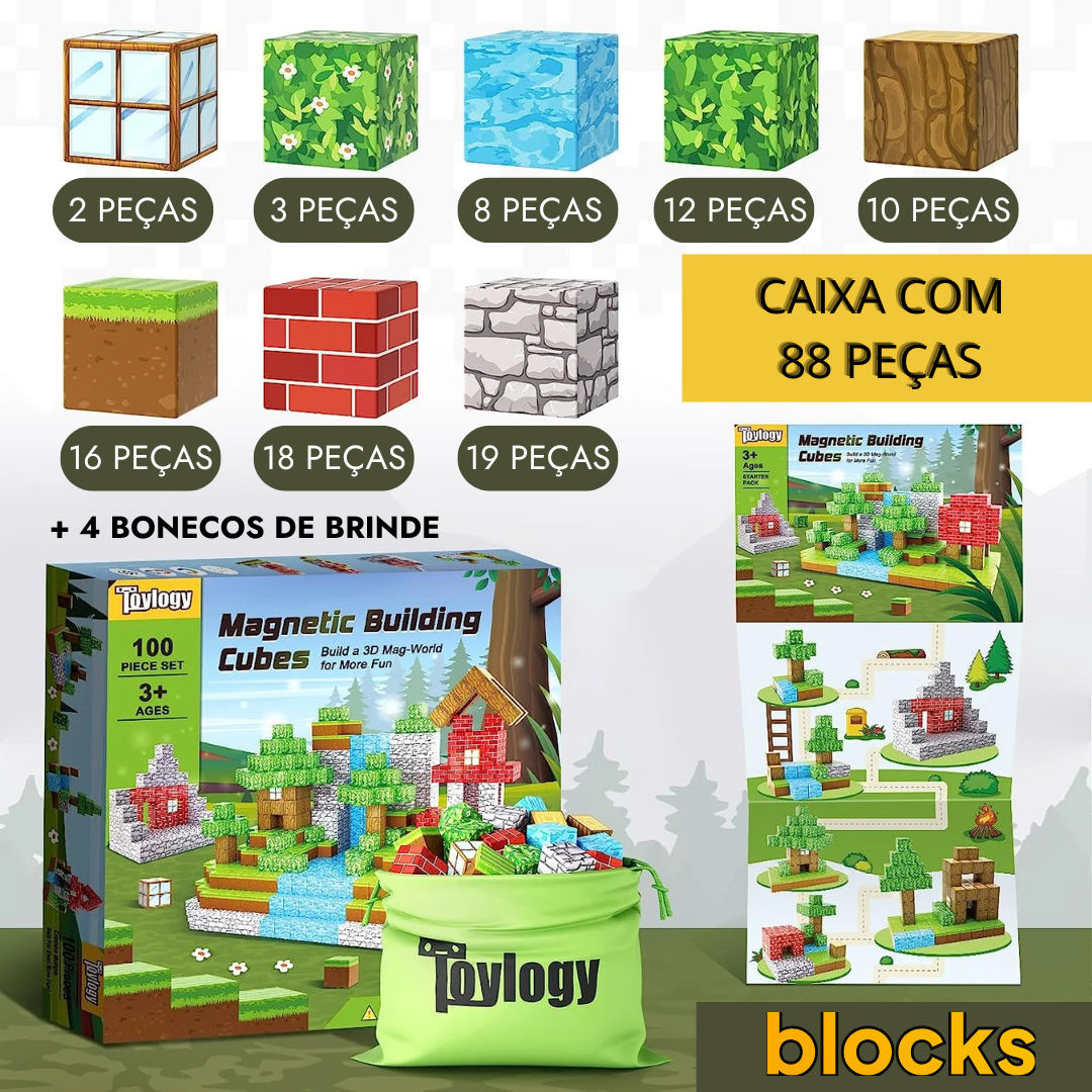 Blocos de Construção Magnética Minecraft + Bonecos de Brinde - 48/68/88 peças