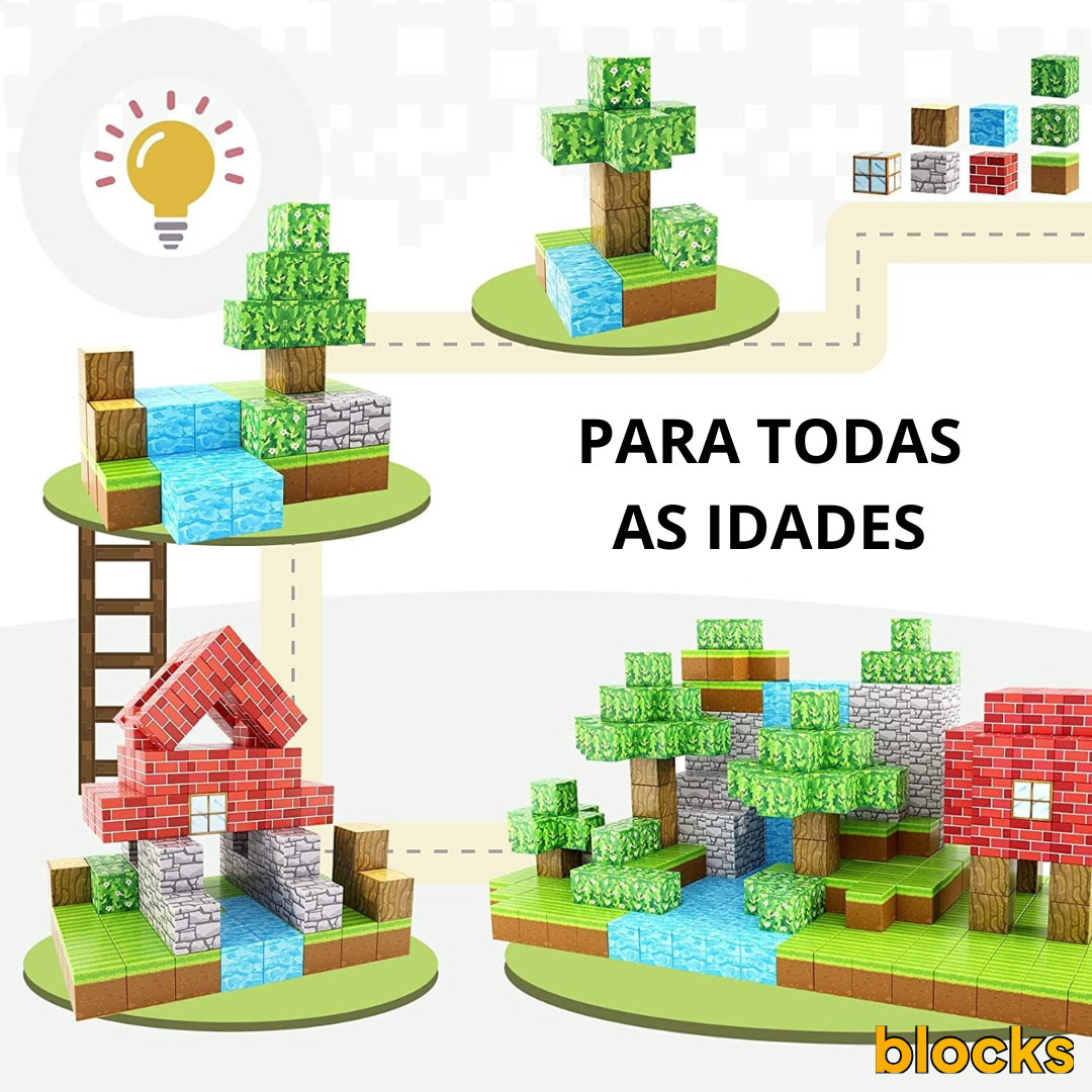 Blocos de Construção Minecraft - 50 Blocos Magnéticos (+5 Bonecos Grátis)