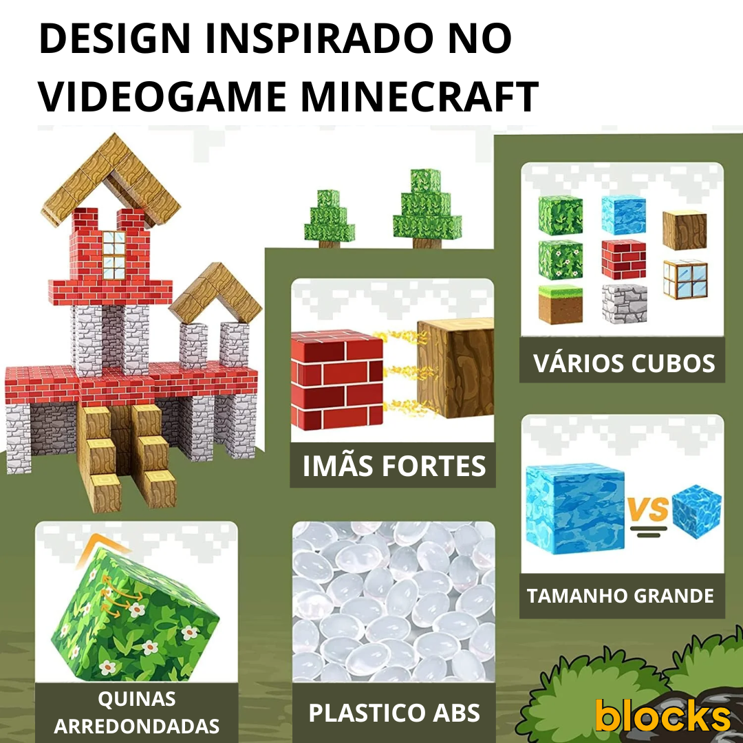 Blocos de Construção Minecraft - 50 Blocos Magnéticos (+5 Bonecos Grátis)