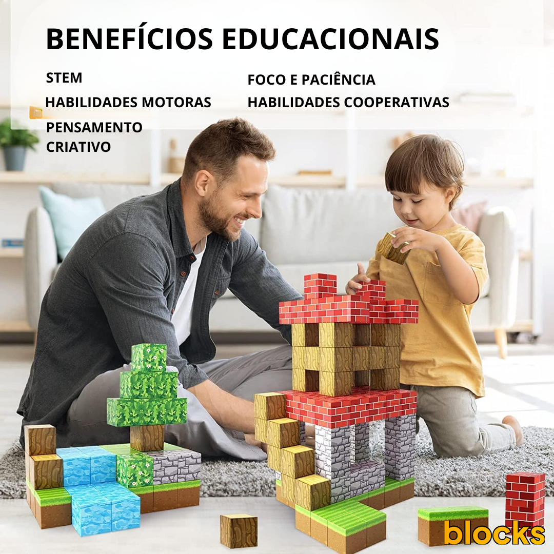 Blocos de Construção Minecraft - 50 Blocos Magnéticos (+5 Bonecos Grátis)