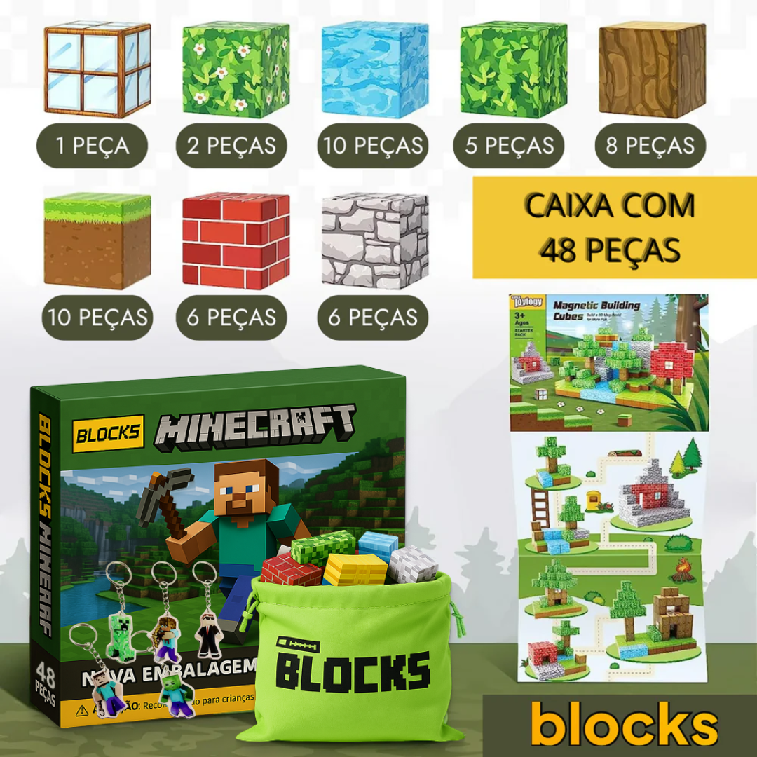 Blocos de Construção Magnética - 48/64/75 peças e [+3 Chaveiros GRÁTIS]